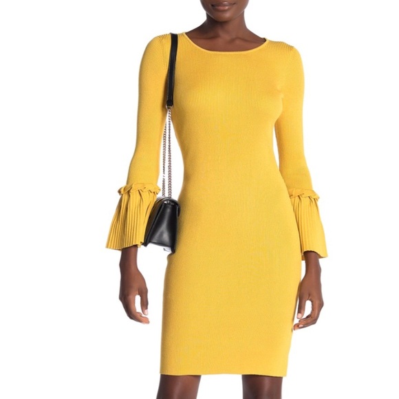 Nina Leonard Dresses & Skirts - Women's Dress Lovely Mustard Yellow Sizes L & XL BodyCon Bell Sleeves Cocktail